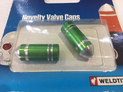 WELDTITE Novelty Valve Caps (Pair). Fits Schraeder Valves Green bullet Bullet  click to zoom image