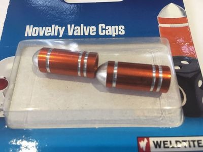 WELDTITE Novelty Valve Caps (Pair). Fits Schraeder Valves Orange bullet  click to zoom image